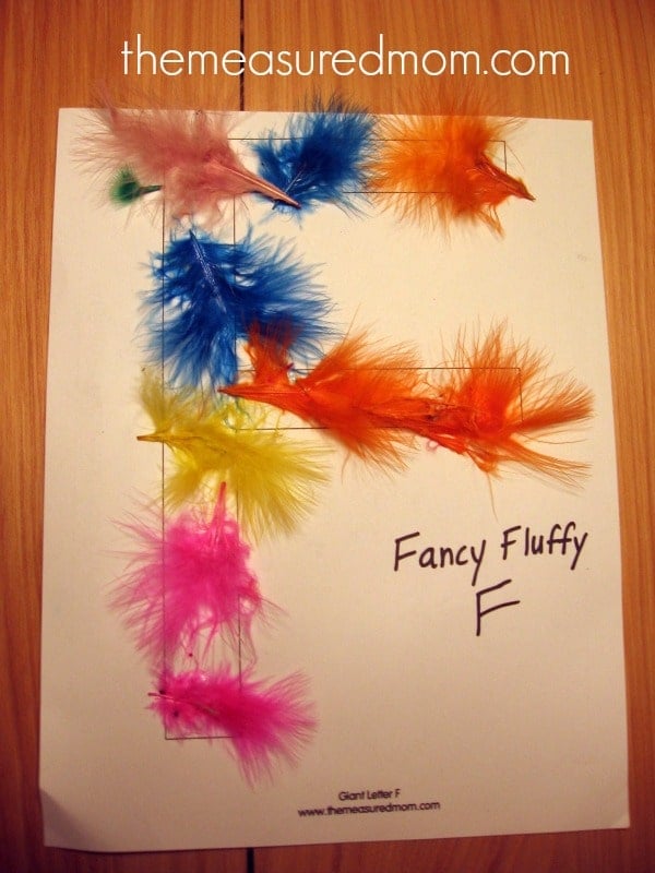 letter F block letter covered with feathers