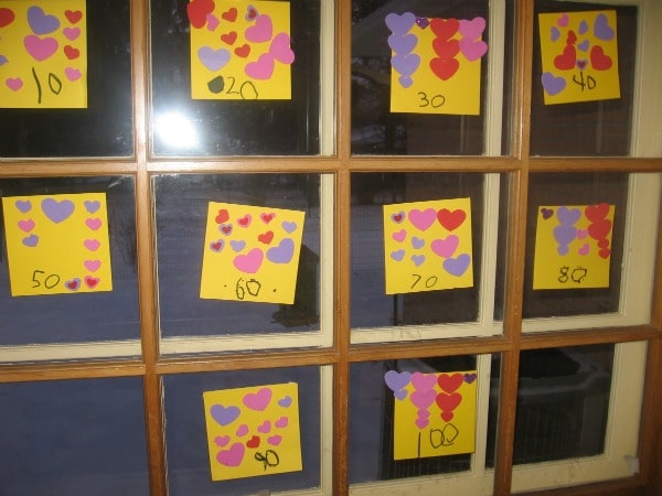 heart stickers on paper on windows