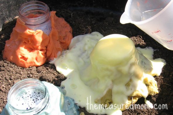 adding vinegar to jar and volcano erupts