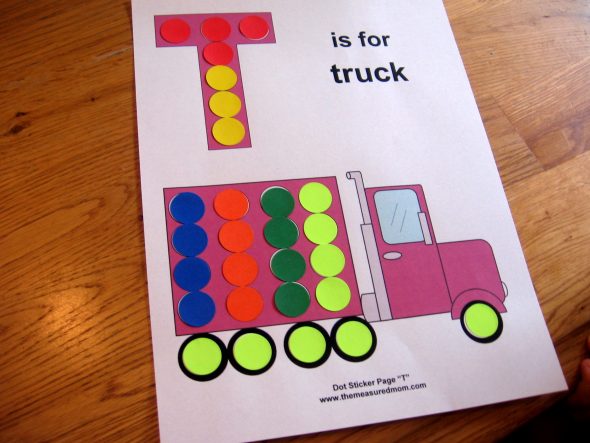 letter T T is for truck worksheet with dot stickers