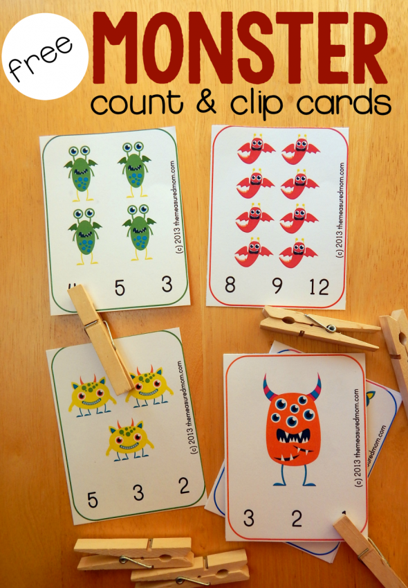 Get this great preschool counting printable for FREE: monster count and clip cards!