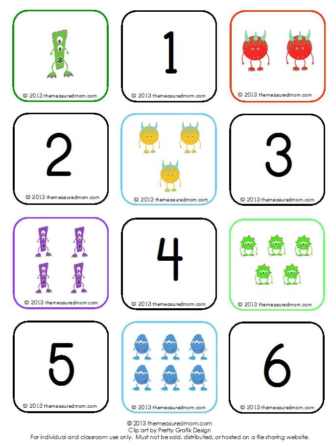 Help your preschooler learn to count groups up to 10 with this free monster memory game!