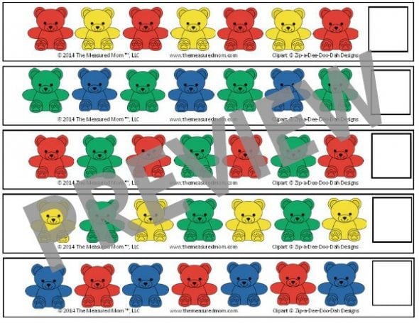 Get 25 FREE bear counter pattern strips for preschoolers!