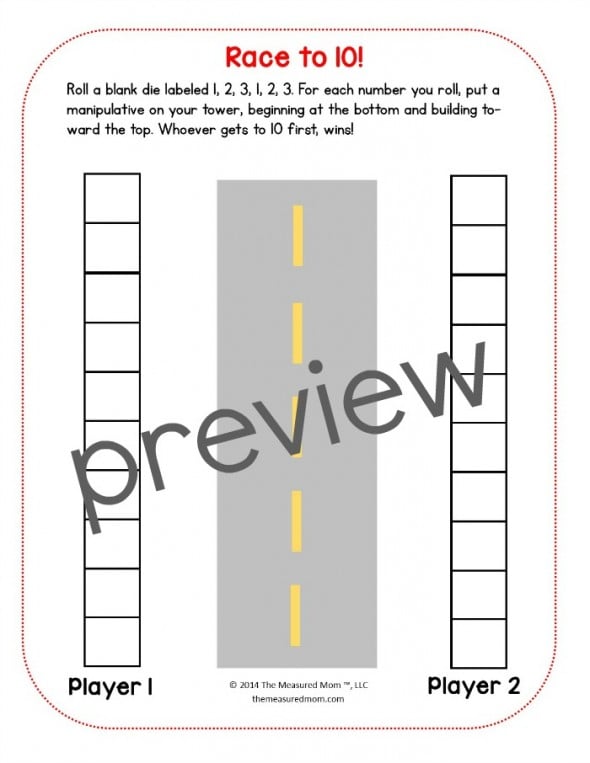 Print a free Race to 20 math game for preschool, kindergarten, or first grade. It also comes as a Race to 10 or Race to 30! 