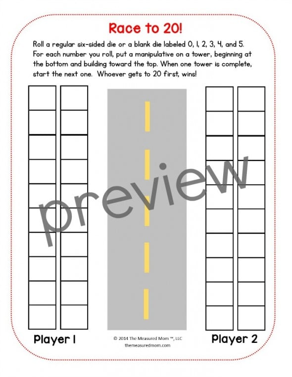 Print a free Race to 20 math game for preschool, kindergarten, or first grade. It also comes as a Race to 10 or Race to 30! 