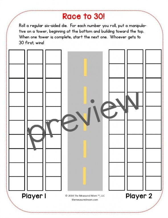 Print a free Race to 20 math game for preschool, kindergarten, or first grade. It also comes as a Race to 10 or Race to 30! 