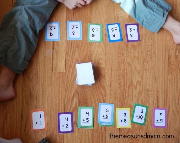 Play this simple math facts game using flashcards - works with addition, subtraction, multiplication, and division! 