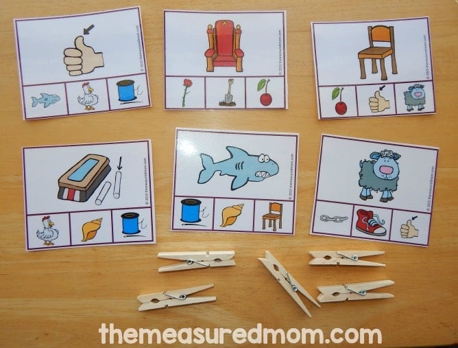 Help your child learn to hear letter sounds with these free clip cards! Get two cards for every letter, PLUS cards for words that start with sh, ch, and th. 