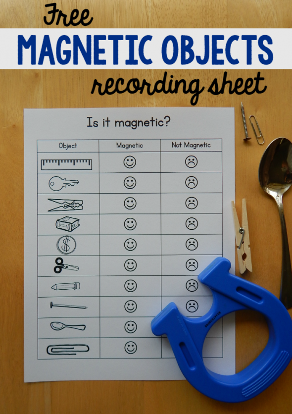 If you're doing magnet experiments with kids, print this free magnet worksheet to keep track of which objects are magnetic. 