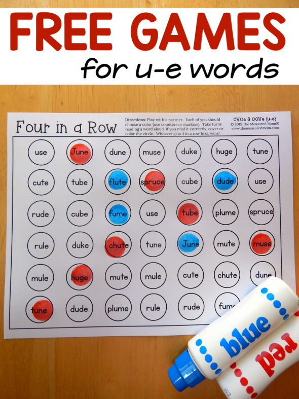 These free silent e games are great! Just print and take turns reading and dotting the words to see who gets four in a row first. NO PREP! :)