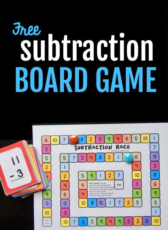 This simple subtraction activity will help kids in kindergarten and first grade practice their basic facts. The game includes free subtraction flash cards, too! #subtraction #kindergarten #mathfacts #subtractiongame image promoting a free subtraction board game