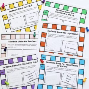 Sentence reading game boards for several phonics skills