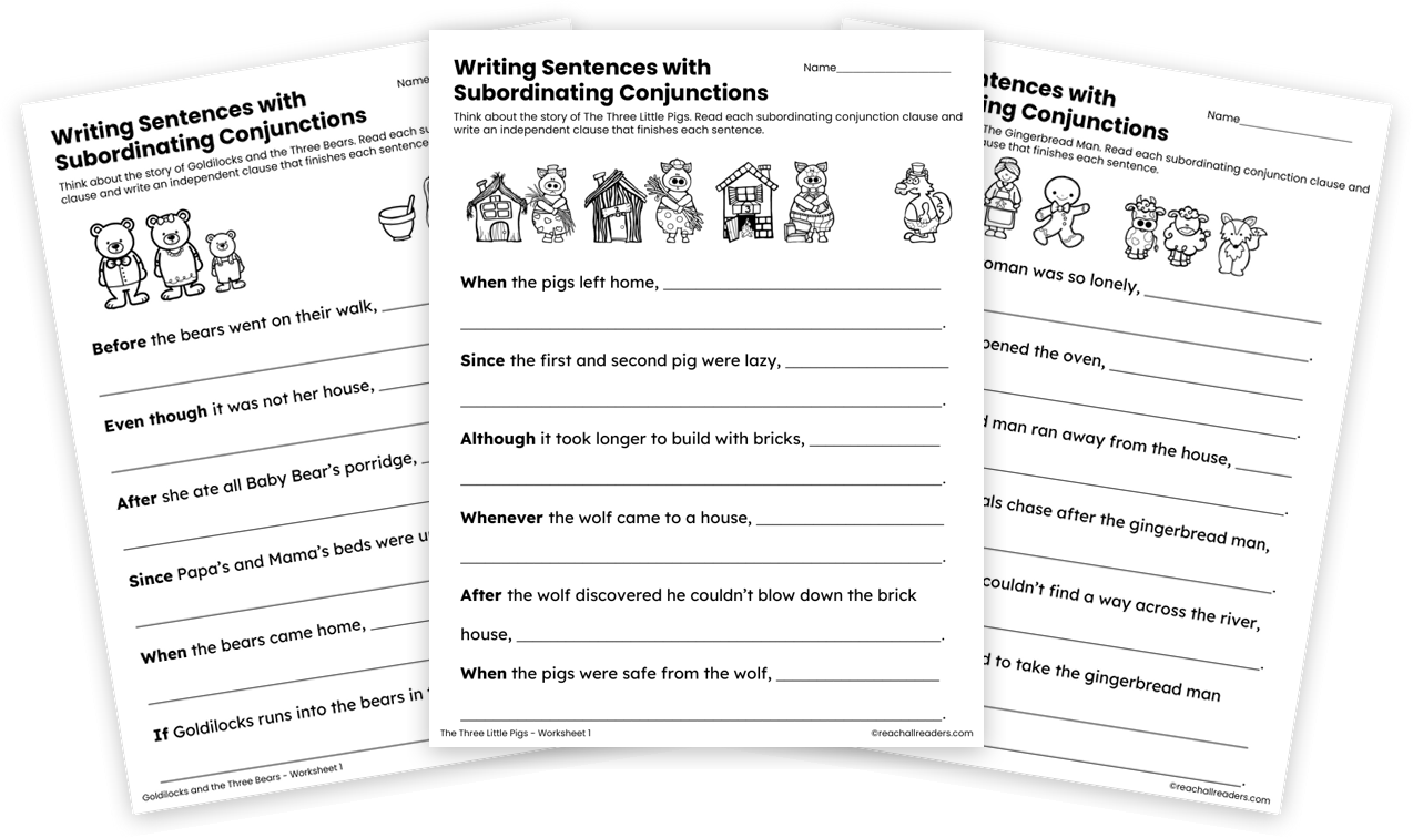 Writing Sentences with Subordinating Conjunctions worksheet pages